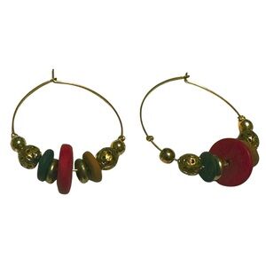 Vintage Boho Gold & Wood Beaded Hoop Earrings Colorful Gold Hoop Earrings